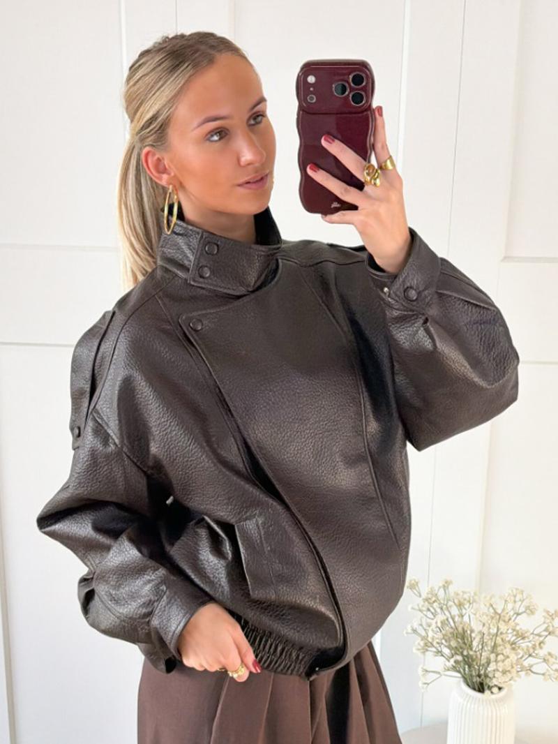 Women's Faux Leather Jacket New In Coats Demi-Season Black Brown Jacket Short Coat Spring Asymmetric Zip Motorcycle Jacket Streetwear Long Sleeve Red Aviator Jacket Womens Coat