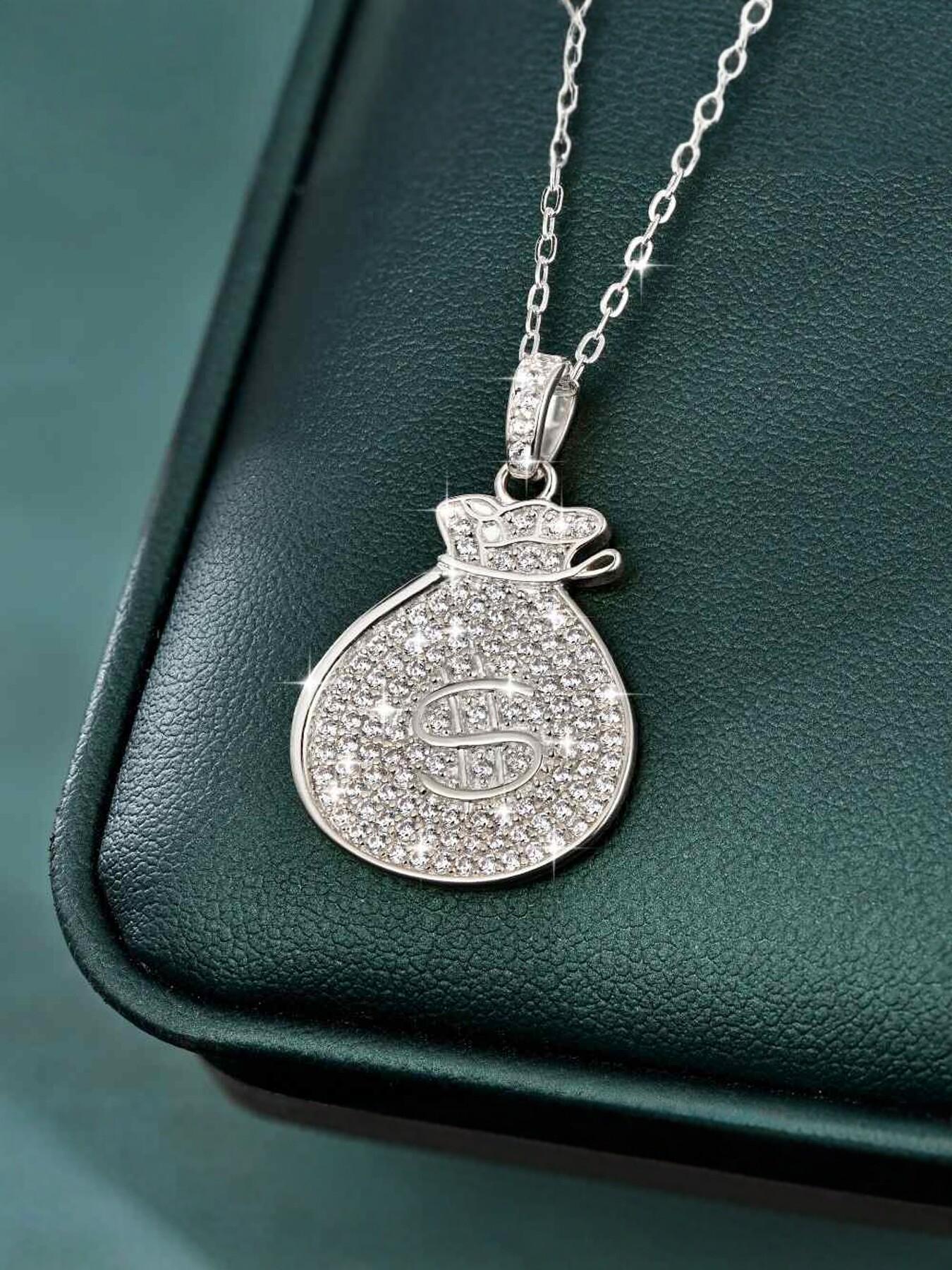 Sparkling CZ Money Bag Pendant Necklace, Iced Out Dollar Sign Necklace, 14K Gold Plated Wealth Lucky Jewelry for Women Men, Hip Hop Everyday Wear Gift