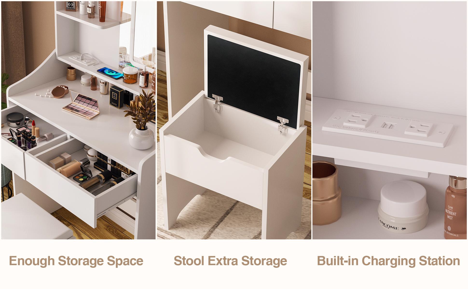 Vabches Vanity Desk with LED Light Mirror and Charging Station 30.3in, Small Vanity Set with 4 Storage Shelves 2 Drawers, Vanity for Girls Women with Storage Stool, Vanity Table for Bedroom