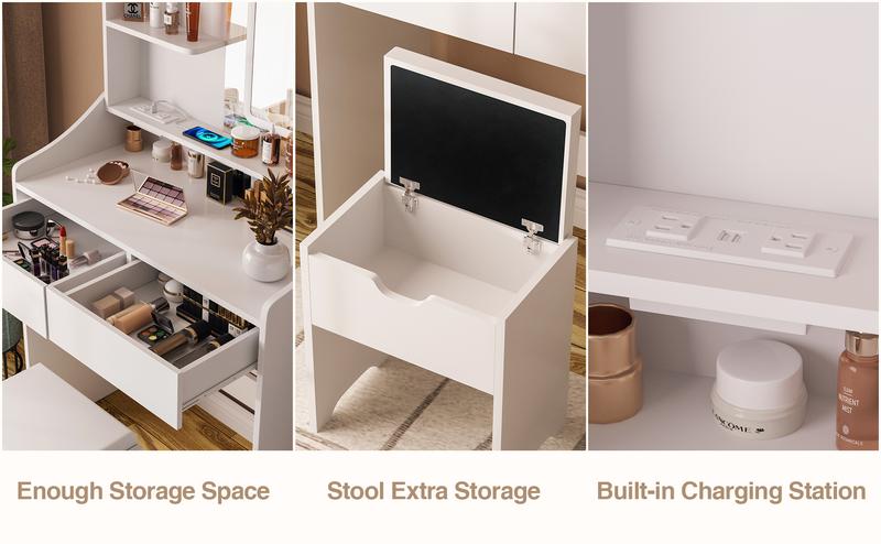 Vabches Vanity Desk with LED Light Mirror and Charging Station 30.3in, Small Vanity Set with 4 Storage Shelves 2 Drawers, Vanity for Girls Women with Storage Stool, Vanity Table for Bedroom