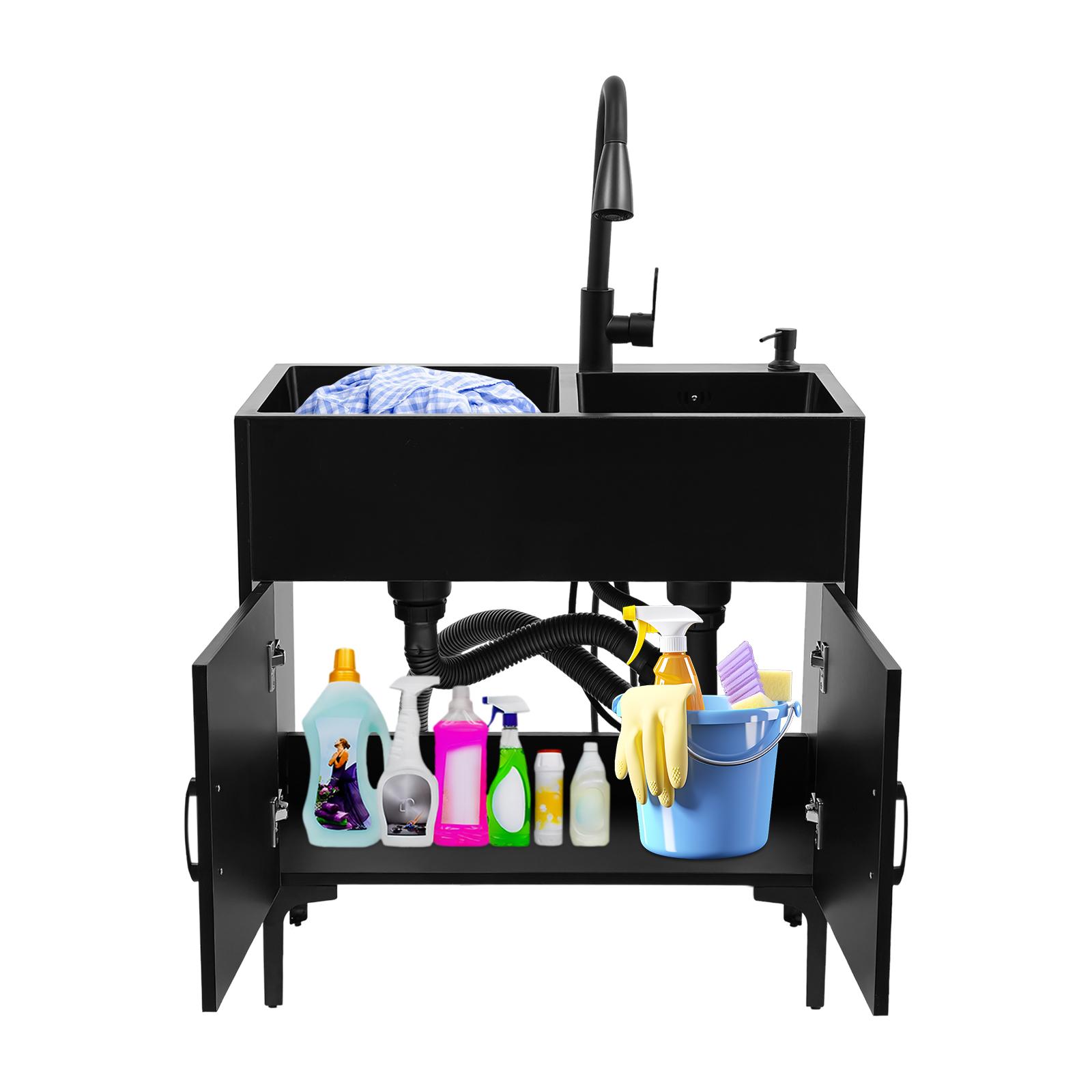 Laundry Utility Sink with Cabinet & Pull-Down Faucet Freestanding Stainless Steel Utility Sinks with 2 Doors Deluxe Bouble Kitchen Sink Wash Station Tub for Laundry & Kitchen, Bathroom(Black)