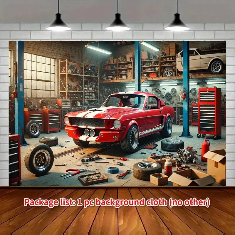 1 vintage garage studio party banner - Durable polyester car-themed background with classic car and tool designs