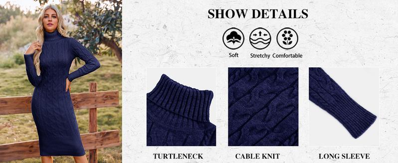 Imily Bela Womens Long Sleeve Turtleneck Sweater Dresses Knitted Bodycon Midi Sheath Jumper Dresses