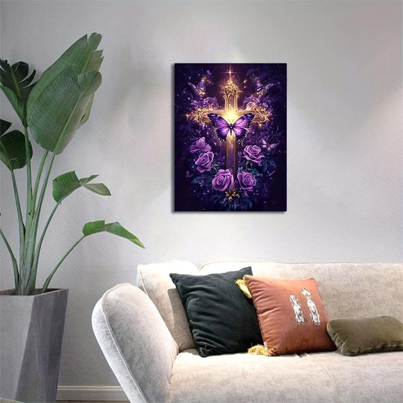 Classic American Style Vertical Frameless Wall Art - Dignified Cross with Purple Roses, Butterflies - Artistic Rose-Themed Colored Tranquil Wall Arts for Living Room, Bedroom - Home Decor Decoration Supplies, 12*8*1 Inch（20*30Cm)-Frameless, Print