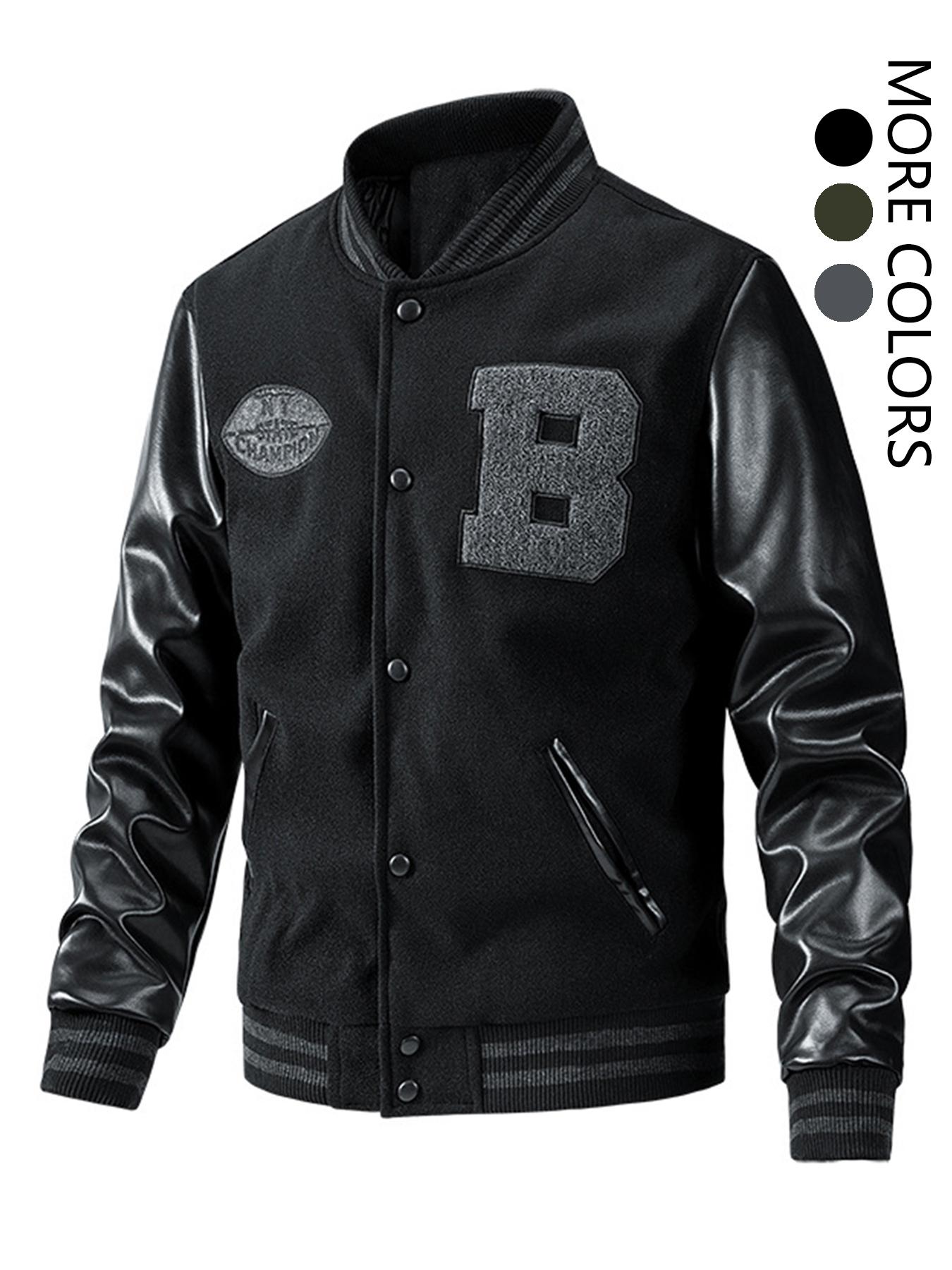 Men's Letter Patched Pocket Button Front Varsity Jacket, Casual Regular Fit Long Sleeve Stand Collar PU Leather Jacket Coat for Fall Winter
