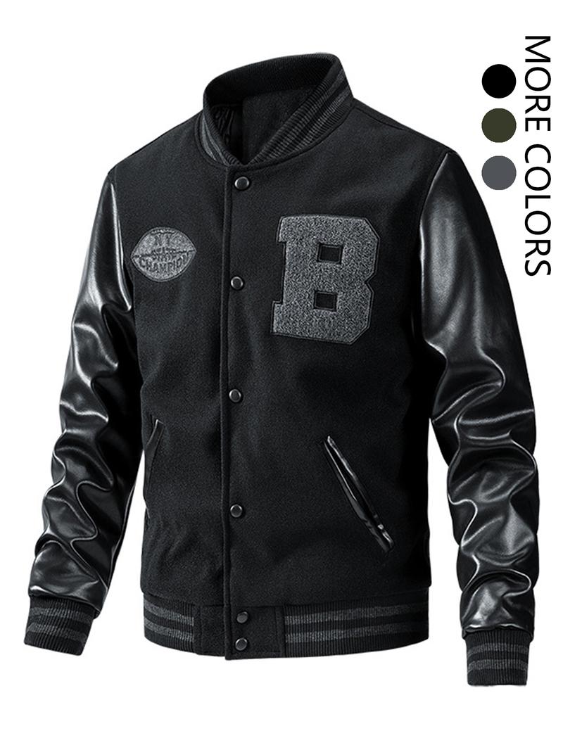 Men's Letter Patched Pocket Button Front Varsity Jacket, Casual Regular Fit Long Sleeve Stand Collar PU Leather Jacket Coat for Fall Winter