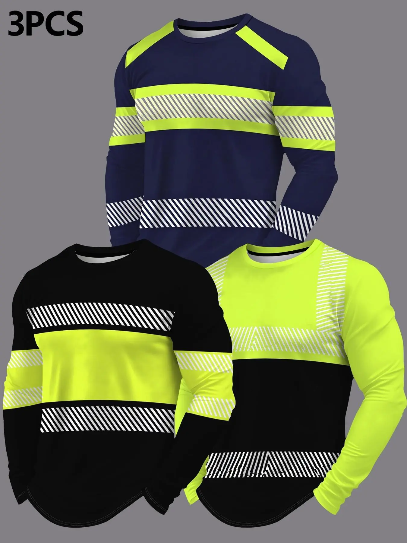 Men's 3-Pack Reflective Long Sleeve T-Shirts, High Visibility Safety Tops, Casual Slim-Fit Graphic Tees, Organic Textile, Menswear, China Made