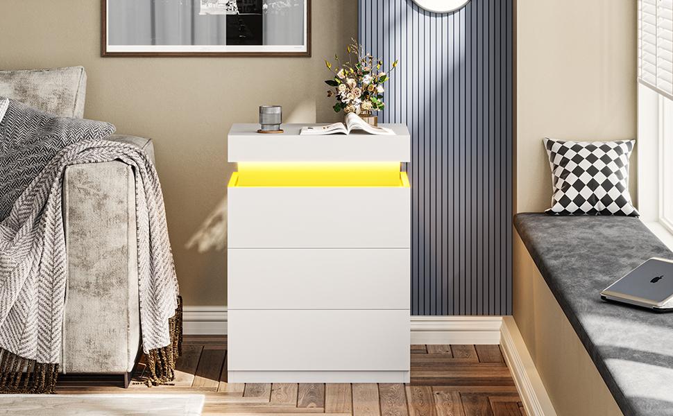 Sikaic Modern Nightstand with RGB LED Lights Charging Station 2 USB Ports 2 Outlets White Engineered Wood Rectangular Bedside Table Sliding Top Drawer 29 Modes 15.8"D x 17.7"W x 26.8"H