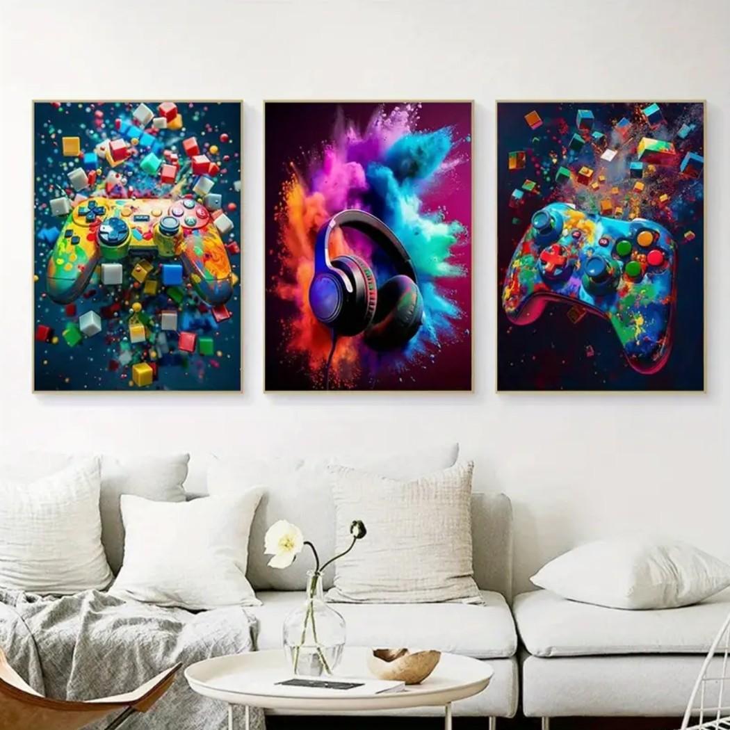 3-piece Color Game Art Set with Optional Wooden Frame Decoration - Vibrant Playstation Controller, Colorful Explosive Headphones, and Xbox Controller with Modern Dynamic Game Decoration, Perfect for Gaming Rooms or Teenage Bedrooms