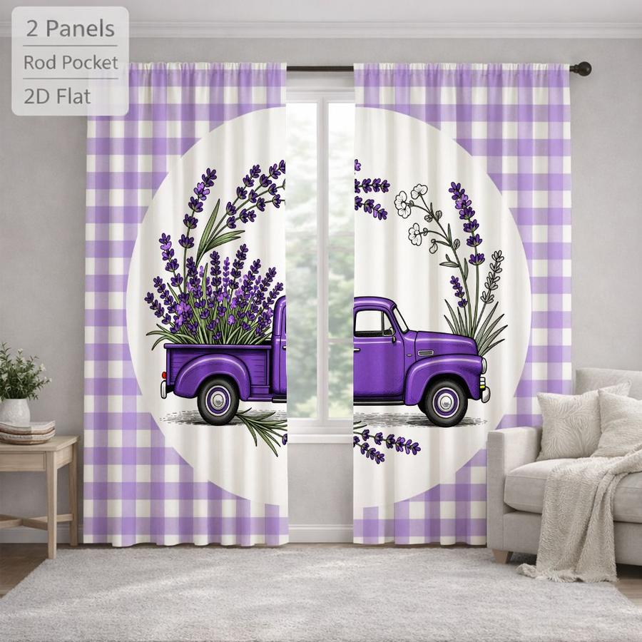 2Pcs Farmhouse Plaid Lavender Truck Floral Sun Blocking Curtains Digital Printed Rod Pocket, Window Treatment For Bedroom Office Kitchen Living Room Study Home Decor