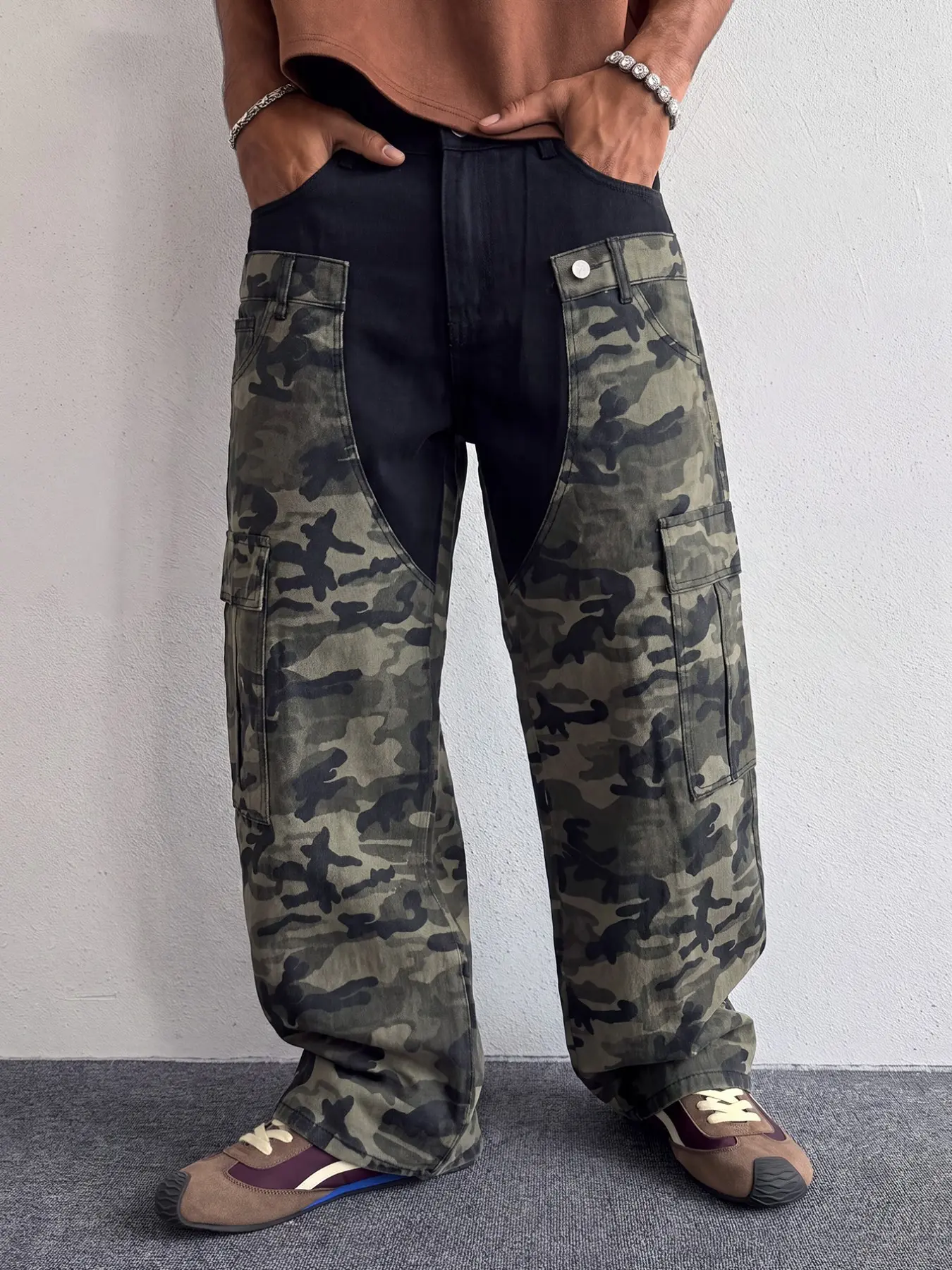Men's Camouflage Patchwork Workwear Jeans, Loose Baggy Wide Leg Pants, American Street Style, Comfortable and Trendy Long Trousers