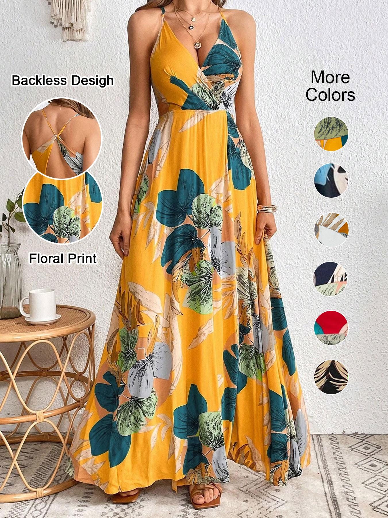 Women's Tropical Print Split Thigh Dress, Backless Hollow Out Design, Summer Vacation Perfect, Fitted Sleeveless Bohemian Boho Style