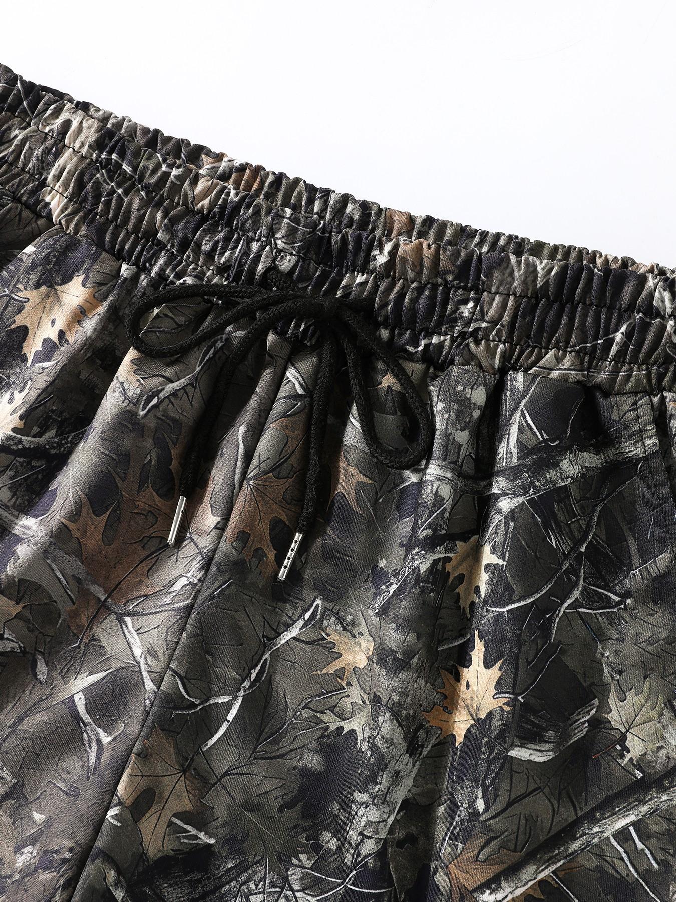 2-Piece Camo Print Set, Camouflage, Soft Short Sleeve Top & Drawstring Shorts, Loose-Fit Casual, American Country Style, Millennial Fashion, Adjustable