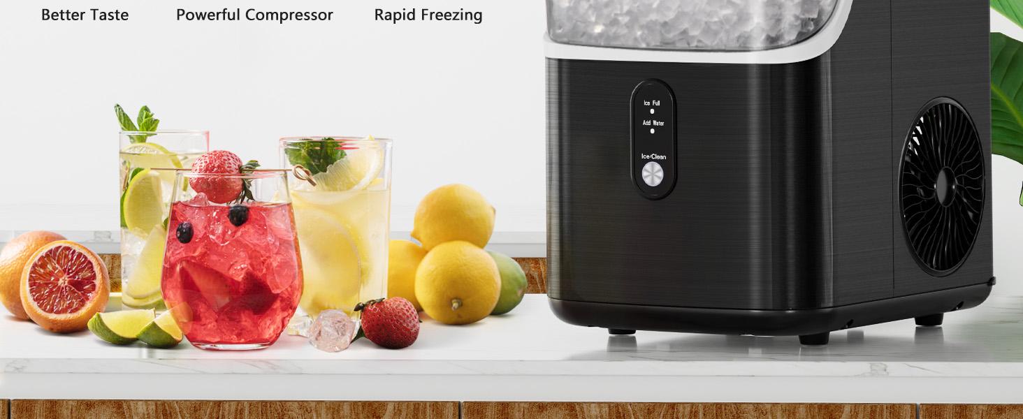 Electactic Nugget Countertop Ice Maker with Soft Chewable Pellet Ice, Pebble Portable Ice Machine, 34Lbs/Day, Self-Cleaning, Sonic Ice Maker, One Button Operation, for Kitchen,Office Stainless Steel Black