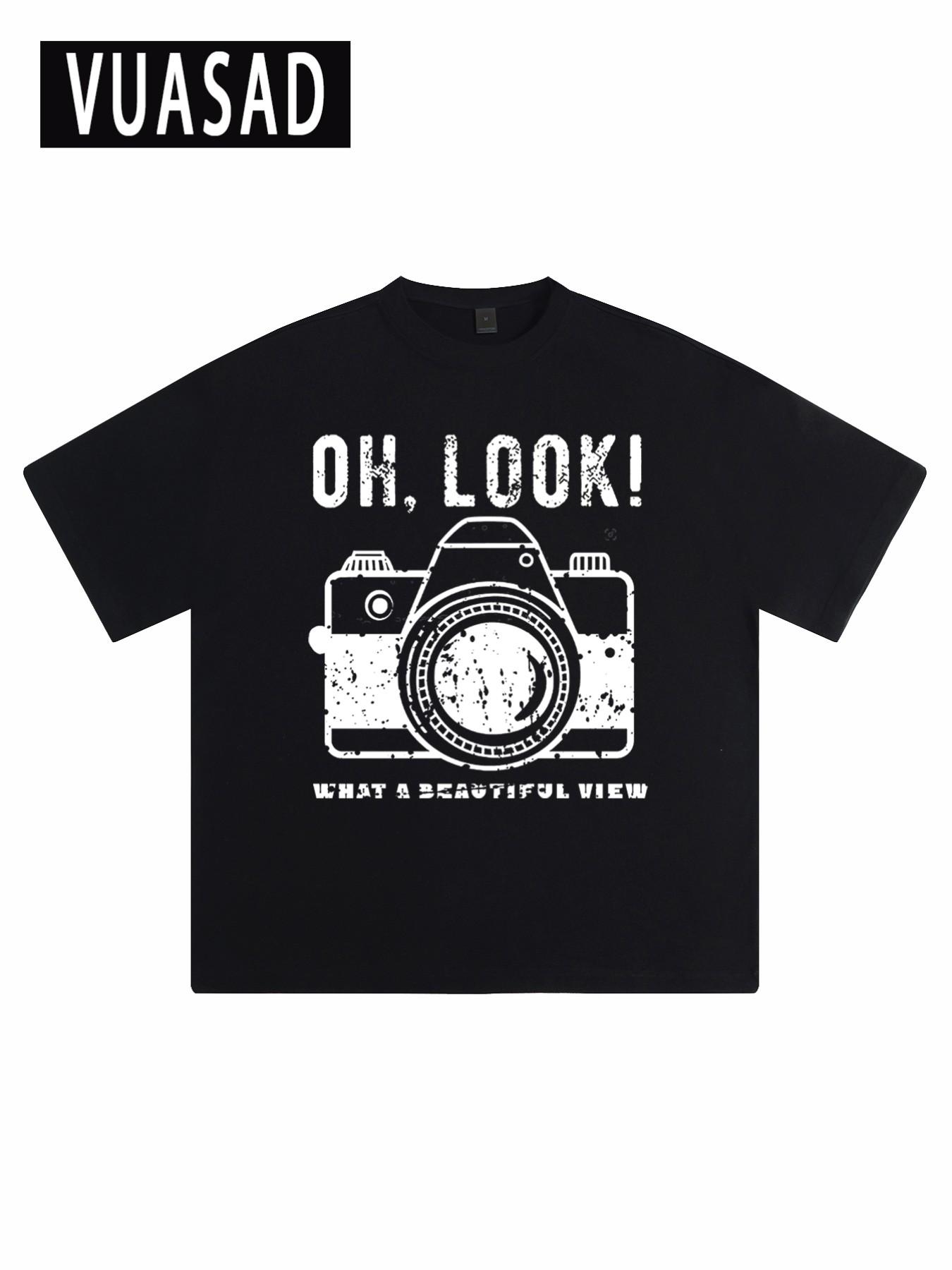 Men's Vintage Camera Pattern Cotton T-Shirt, American Retro Street Style, Casual Loose-Fitting Short Sleeve Top, Long Length