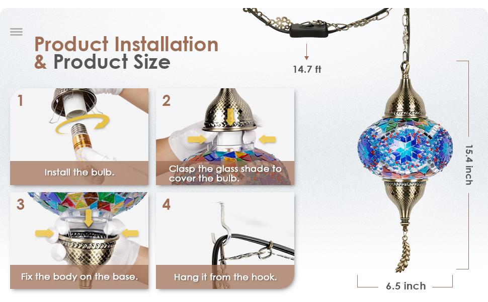 Yarra-Decor Turkish Moroccan Pendant Hanging Light with 15feet Cord Tiffany Style Mosaic Ceiling Lamp for Bedroom Blue Crystal North American Plug Decorative Lighting Home Lighting Led Lighted