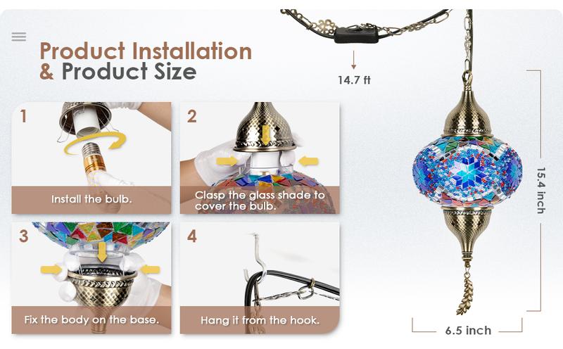 Yarra-Decor Turkish Moroccan Pendant Hanging Light with 15feet Cord Tiffany Style Mosaic Ceiling Lamp for Bedroom Blue Crystal North American Plug Decorative Lighting Home Lighting Led Lighted