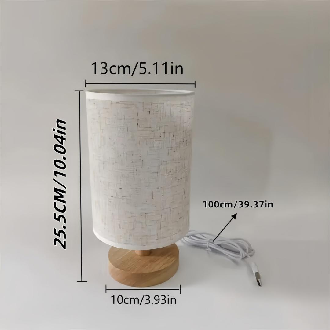 USB Bedroom Night Light, Linen Shade, Wooden Base, LED Lamp, Tabletop Installation, Ideal for Reading, Living Room, Office