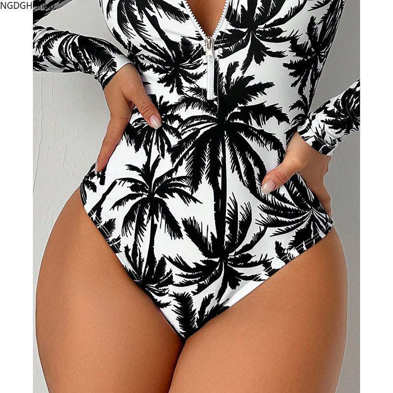 Trendy Long Sleeve One Piece Swimsuit for Women, Flattering Figure Hugging Surf Suit with Zipper Front, Perfect Beach Vacation & Summer Pool Party