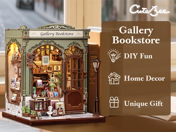 CUTEBEE DIY 3D Dollhouse Kit Gallery Bookstore Wooden Miniature House Book Nook with Handmade Details Tiny House Bookshelf Decor for Holiday Christmas and Black Friday Gift