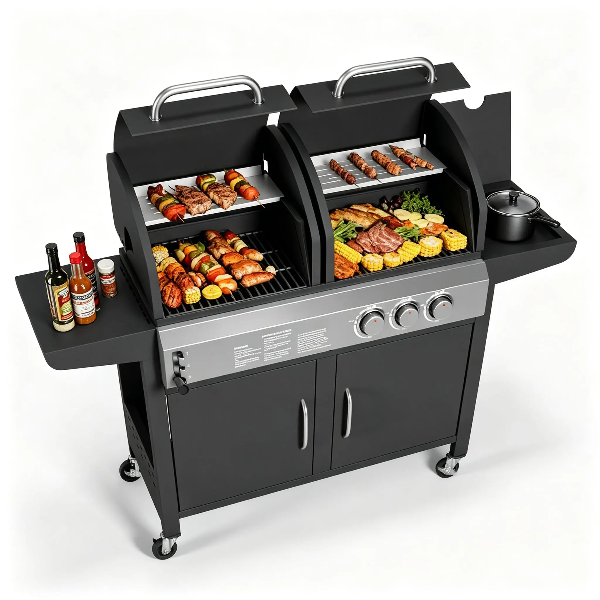 3-Burner Gas and Charcoal Combo Grill with Side Burner and Storage Cabinet for Patio and Backyard BBQ