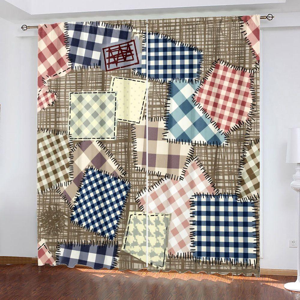 2D Flat Rustic Patchwork Checkered Curtain 2-Piece Set, Blue/Red/Brown/White Grid Patterns with Handmade Stitching, Light Yellow Subtle Gray Design Decor, Traditional Quilting Style Window Drapes for Living Room Bedroom