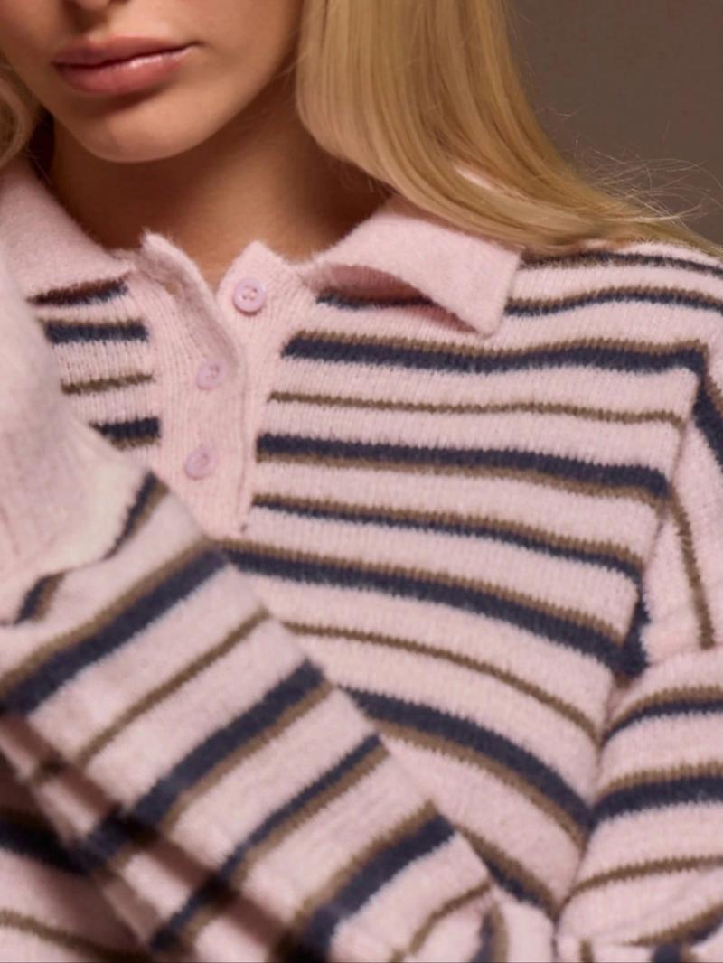 Soft Textured Striped Knit Polo Sweater Women's Retro Collar Button Cardigan Coat, Loose Long Sleeve Top with Sweet Academic Style for Valentine's Day Gentle Look