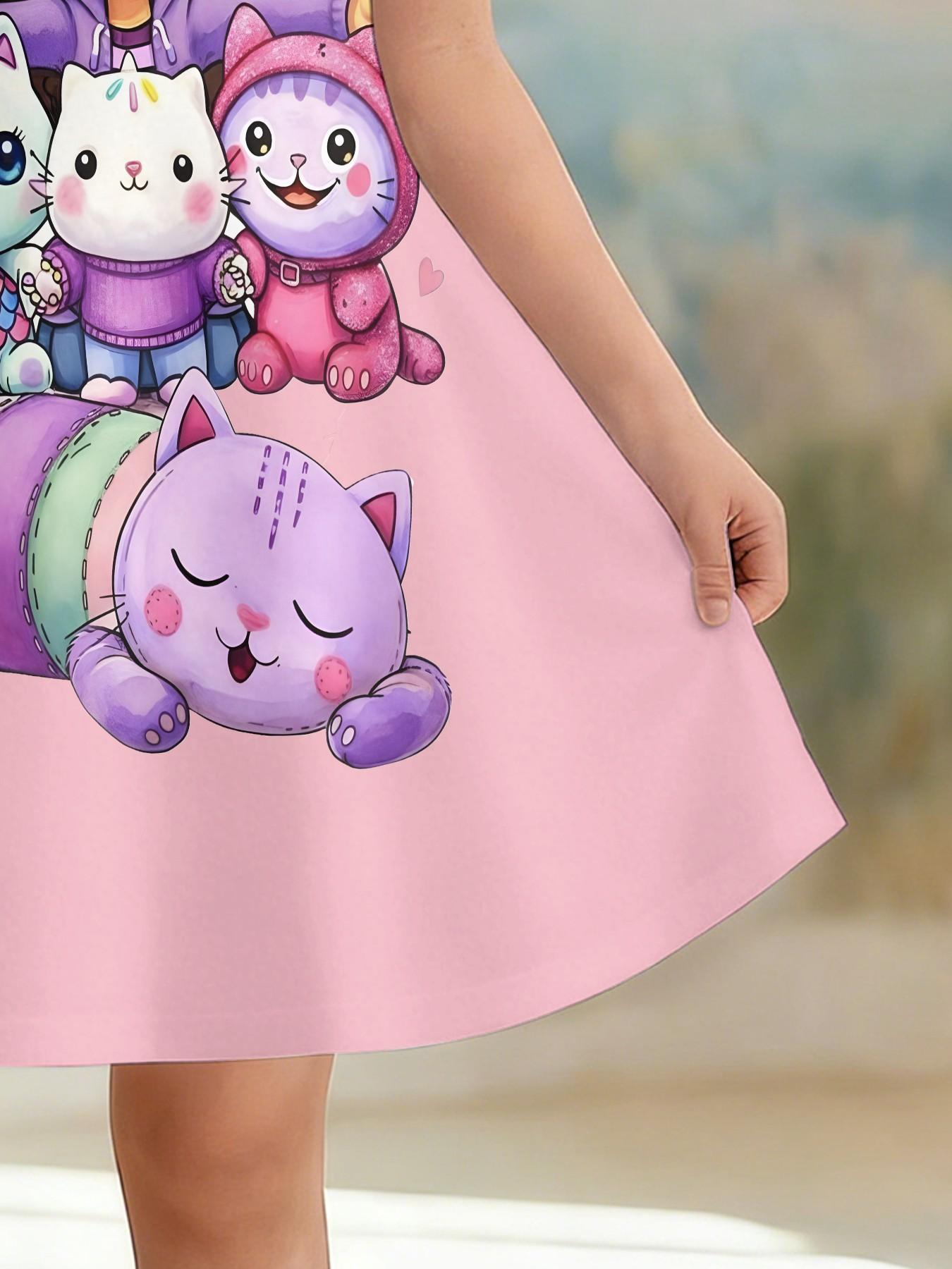 Girls' Cartoon Cat Full Print Dress, Short Sleeve A-Line Summer Casual Dress, Birthday Gift, Festival Gift, Fitted Style