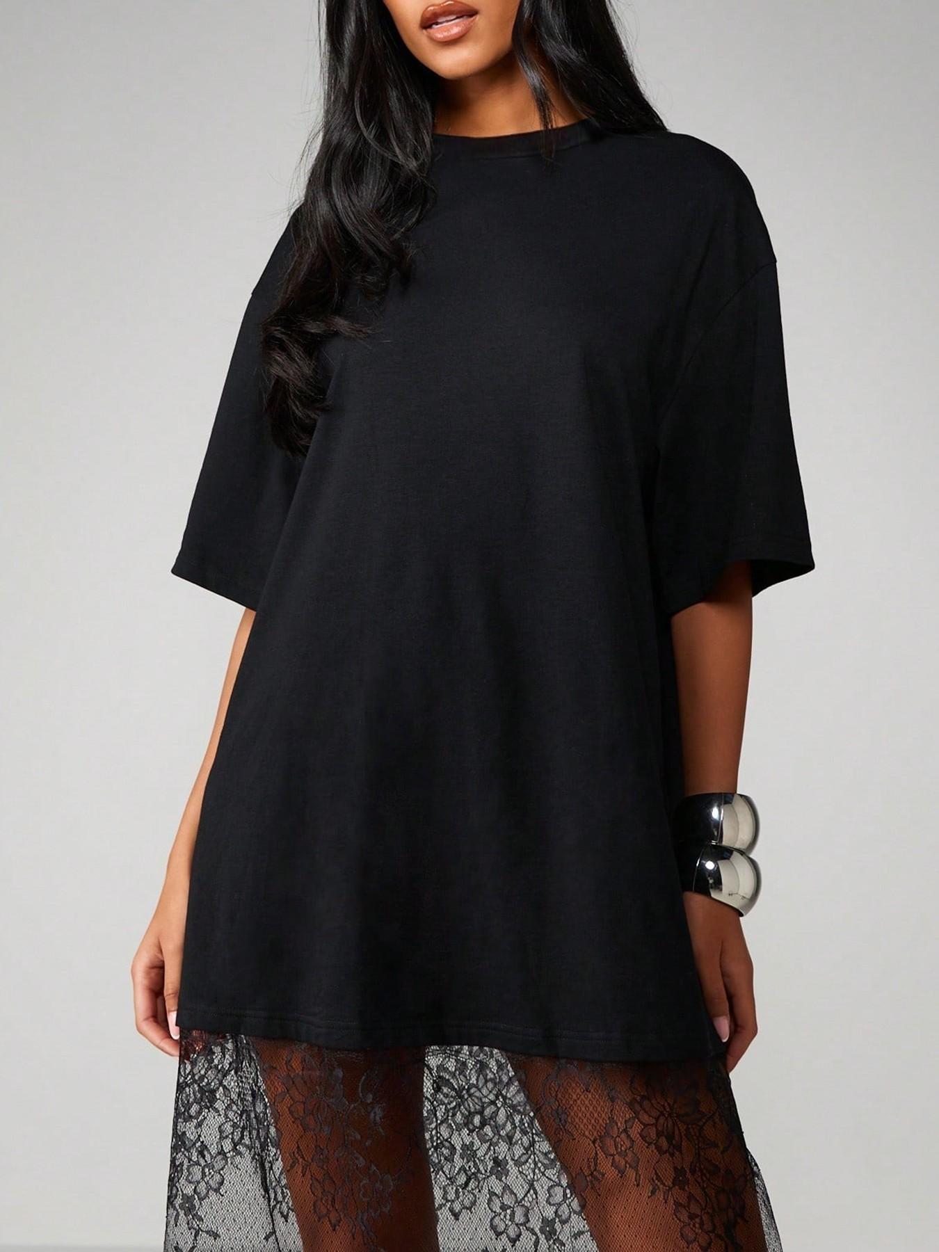 Women's Two-Layer T-Shirt Dress, Womenswear, Crew Neck, Oversized Short Sleeve Knitted Outer, Patchwork, Sheer Floral Lace Midi Underlayer, Soft Breathable Fabric, Casual Daily, Date Night & Party Wear, Edgy Dark Feminine Style