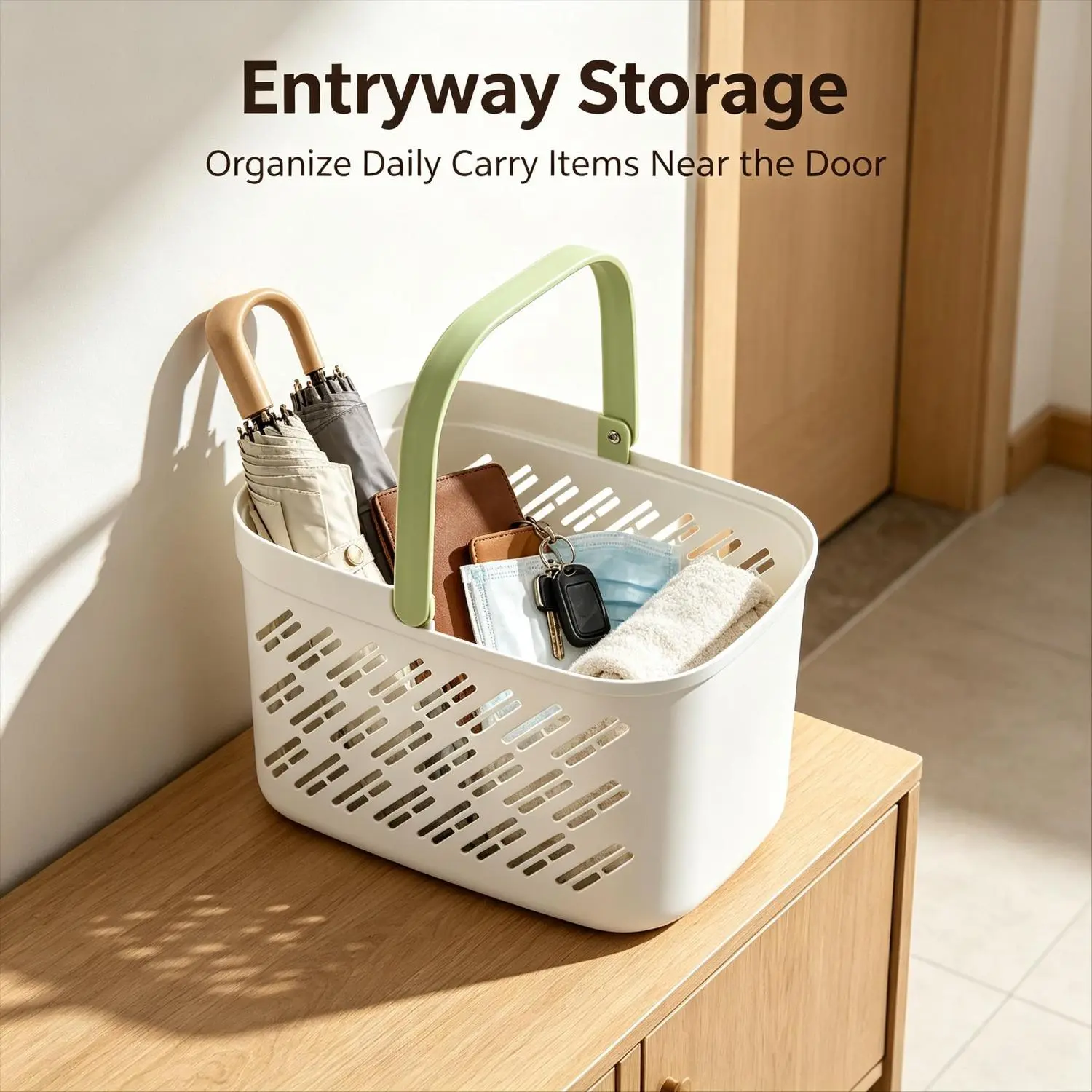 Plastic Storage Basket with Handle Portable Shower Caddy Tote Organizer Basket Bin for Bathroom Kitchen Dorm Room Bedroom, Green