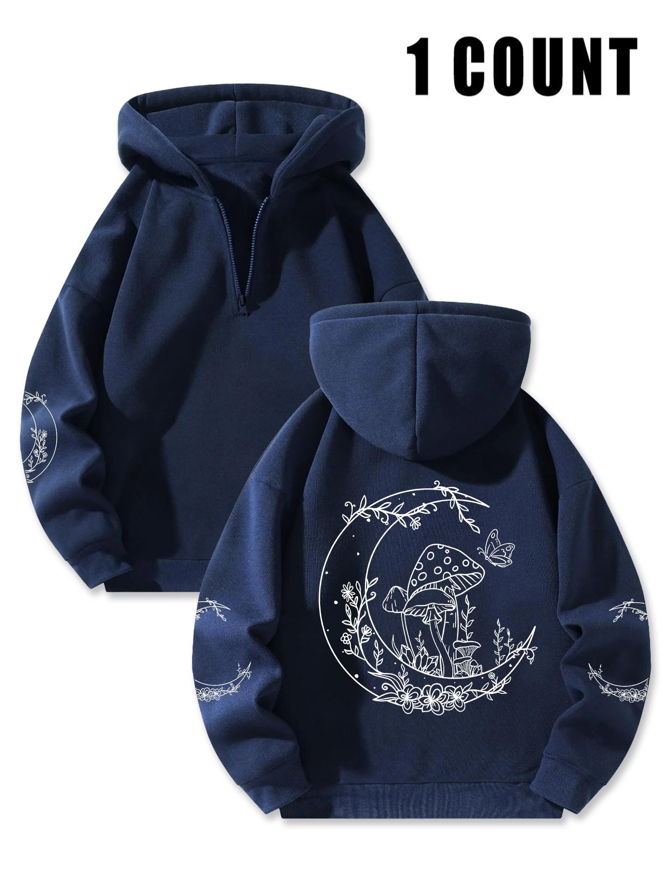 Women's Moon & Mushroom Print Drop Shoulder Hoodie, Casual Trendy Long Sleeve Hooded Sweatshirt for Daily Wear, Ladies Clothes for Fall & Winter