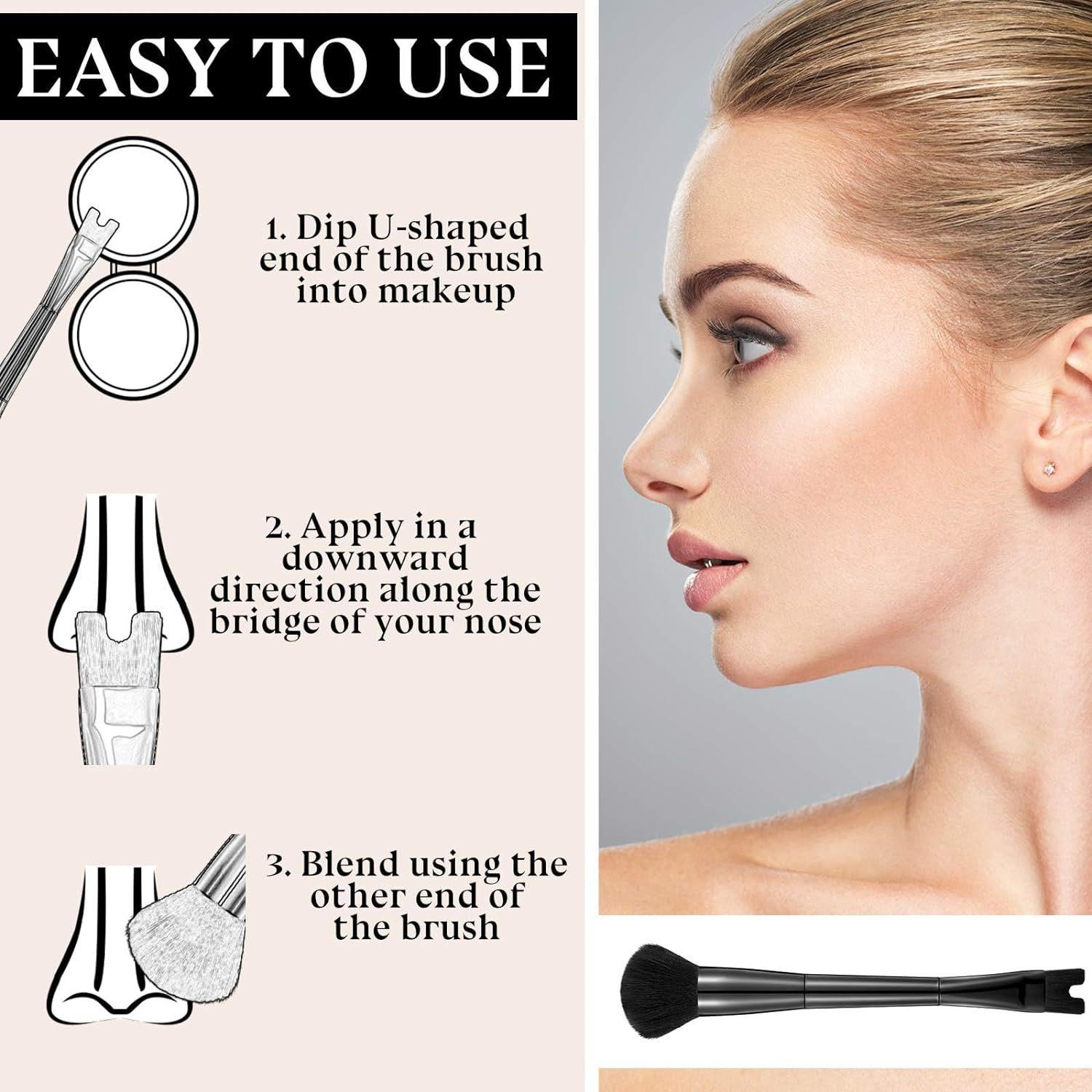 2-In-1 Contouring & Powder Brush Set, U-Shaped Dual Head Multifunctional Makeup Brush for Flawless Highlighting, Soft Bristles Precision Nose Shaping