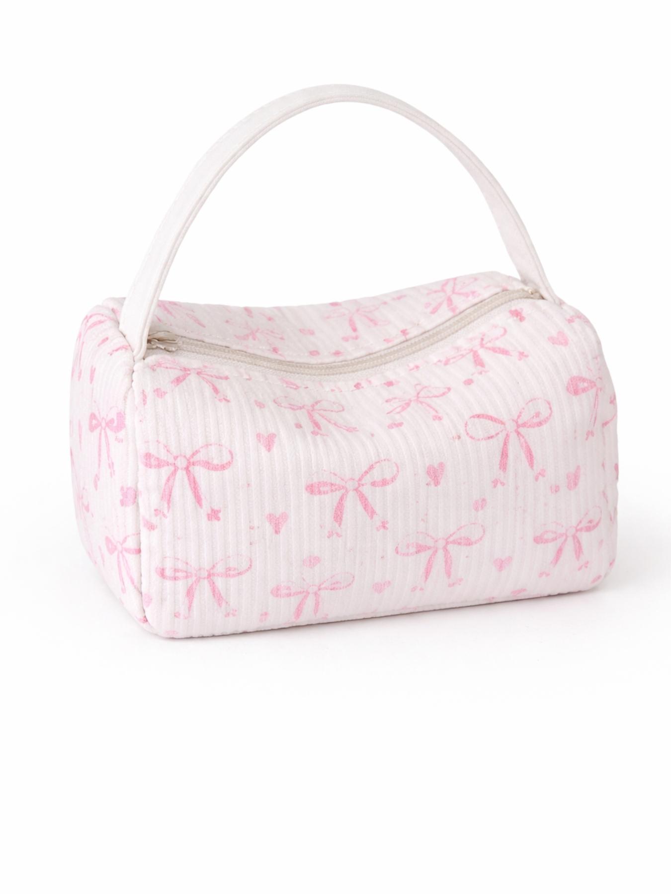 2026 Cute Pink Bow Makeup Bag, Corduroy Cosmetic Organizer Pouch, Large Capacity Travel Toiletry Bag, Portable Vanity Case for Girls