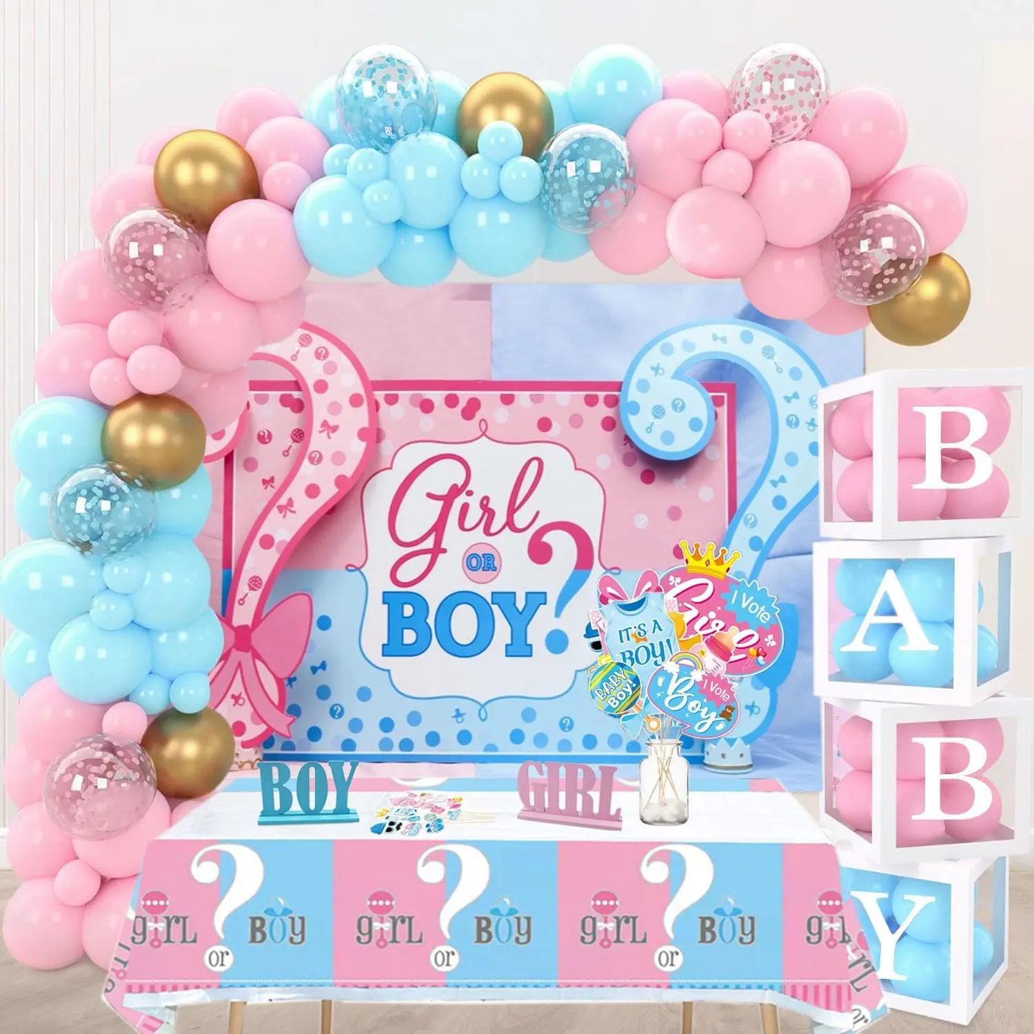 Gender Reveal Decorations Pink Blue Balloon Arch Garland Kit With Gender Reveal Backdrop ,Balloon Box,Tablecloths, Photo Props,170 PCS Balloons Kit for Baby Shower,Girl or Boy Party Supplies