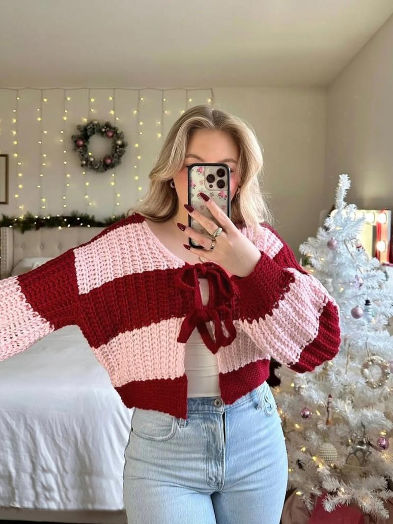 Women's Loose-Fit Striped Colorblock V Neck Sweater, Casual Long Sleeve Drop Shoulder Cardigan for Spring & Fall, Ladies Fashion Outerwear Knitwear