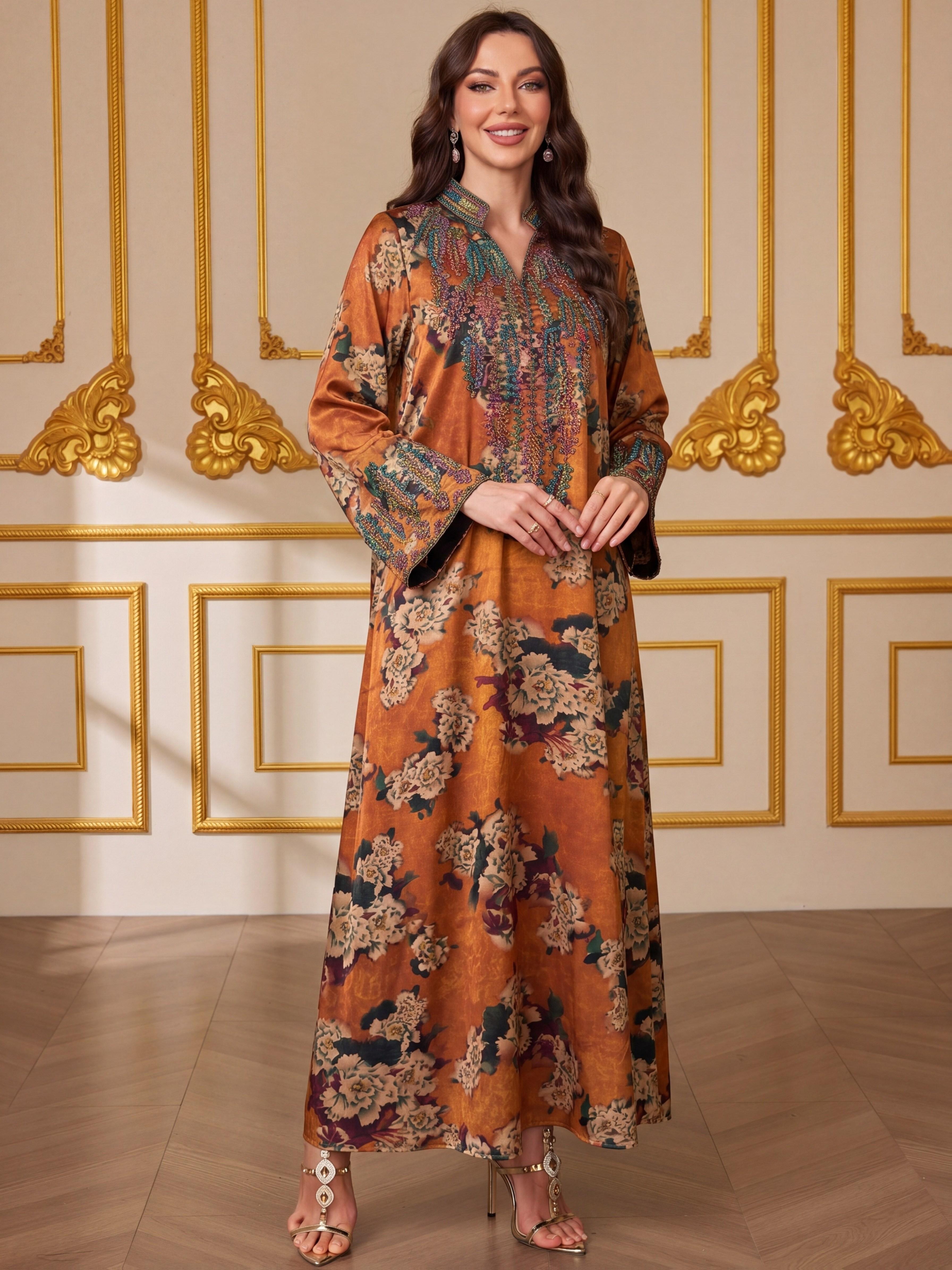 Middle Eastern Muslim Fashion Abaya, V-Neck Embroidered Ethnic Long Sleeve Islamic Embroidery Abaya Dress, Modest Style, All Seasons Fitted Glossy Fabric, 103375 Model