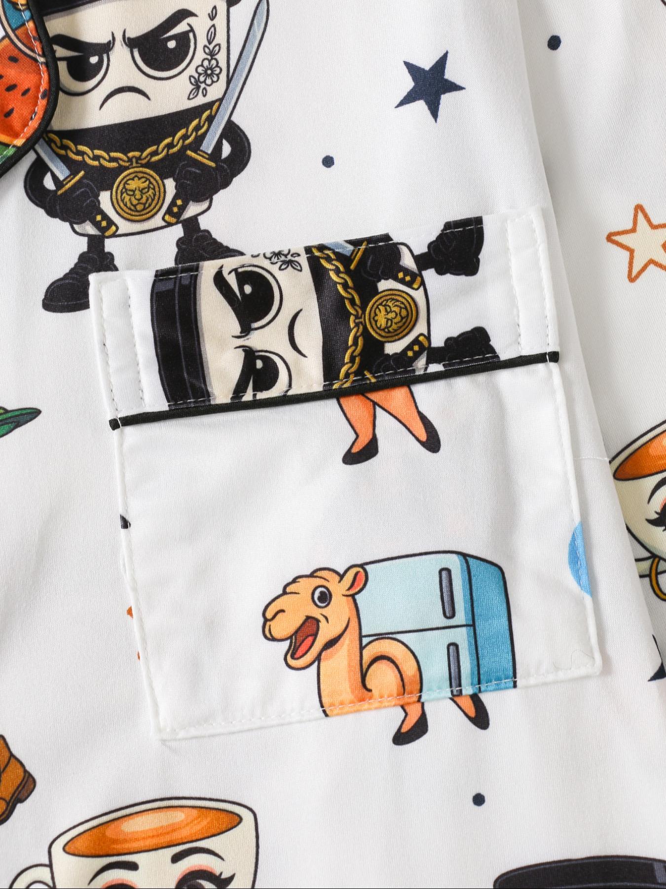 Women's Cartoon Print Pajama Set, Long Sleeve Button Front Top & Loose Fit Pants, Casual Spring & Fall Sleepwear Loungewear