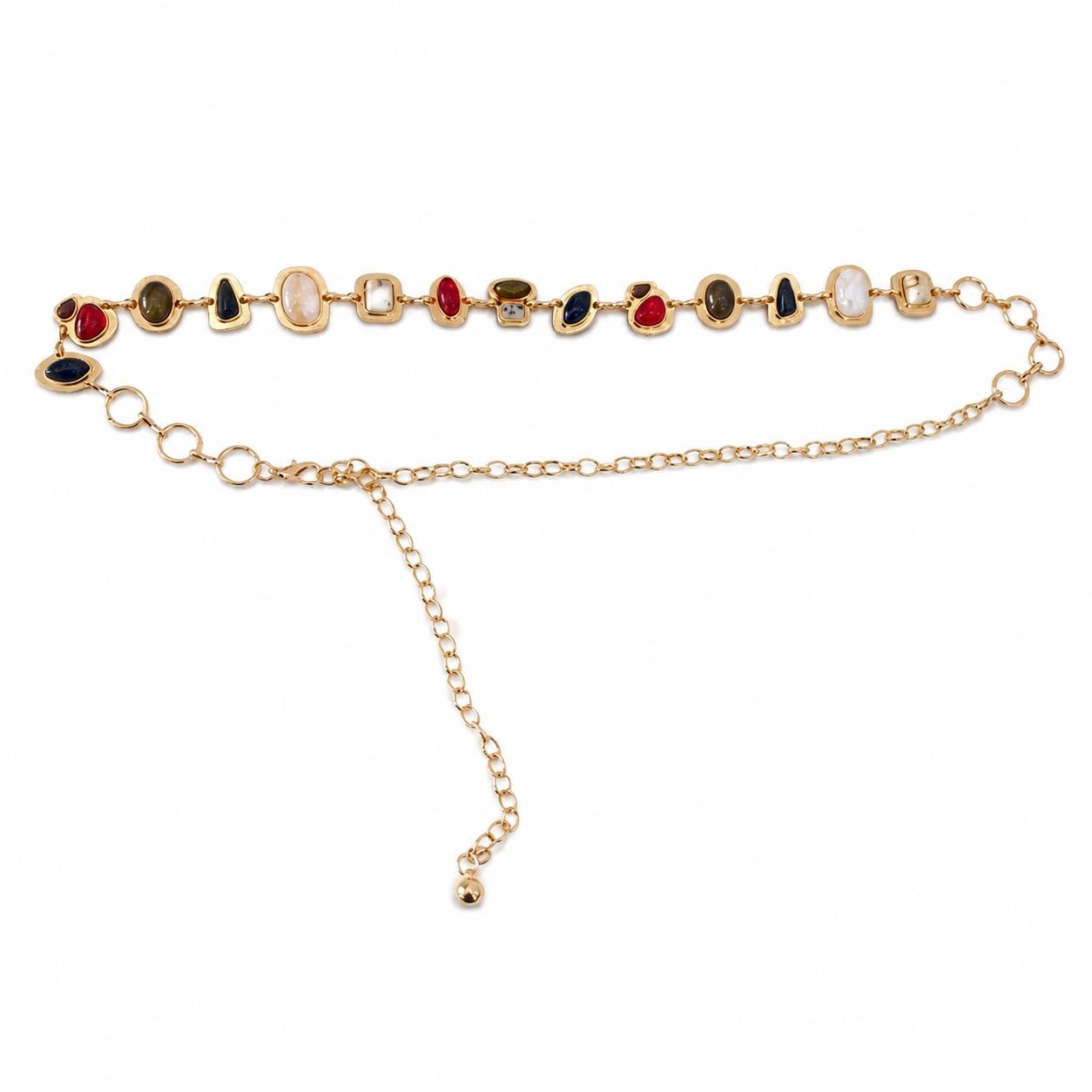Vintage Colorful Gemstone Necklace, Retro Geometric Multi‑Stone Metal Chain Choker