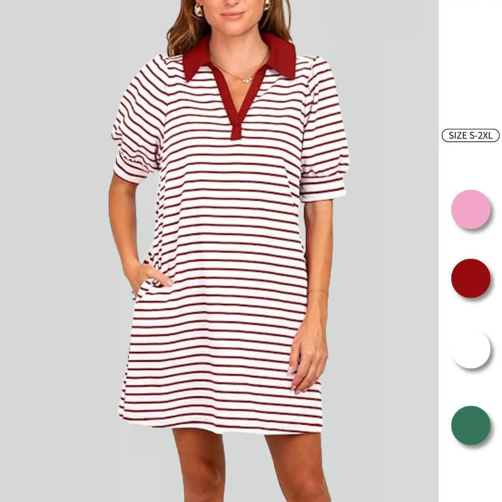 Imily Bela Women's Summer Lapel Collared V Neck Striped Dress Casual Puff Short Sleeve Polo Tshirt Dresses with Pockets