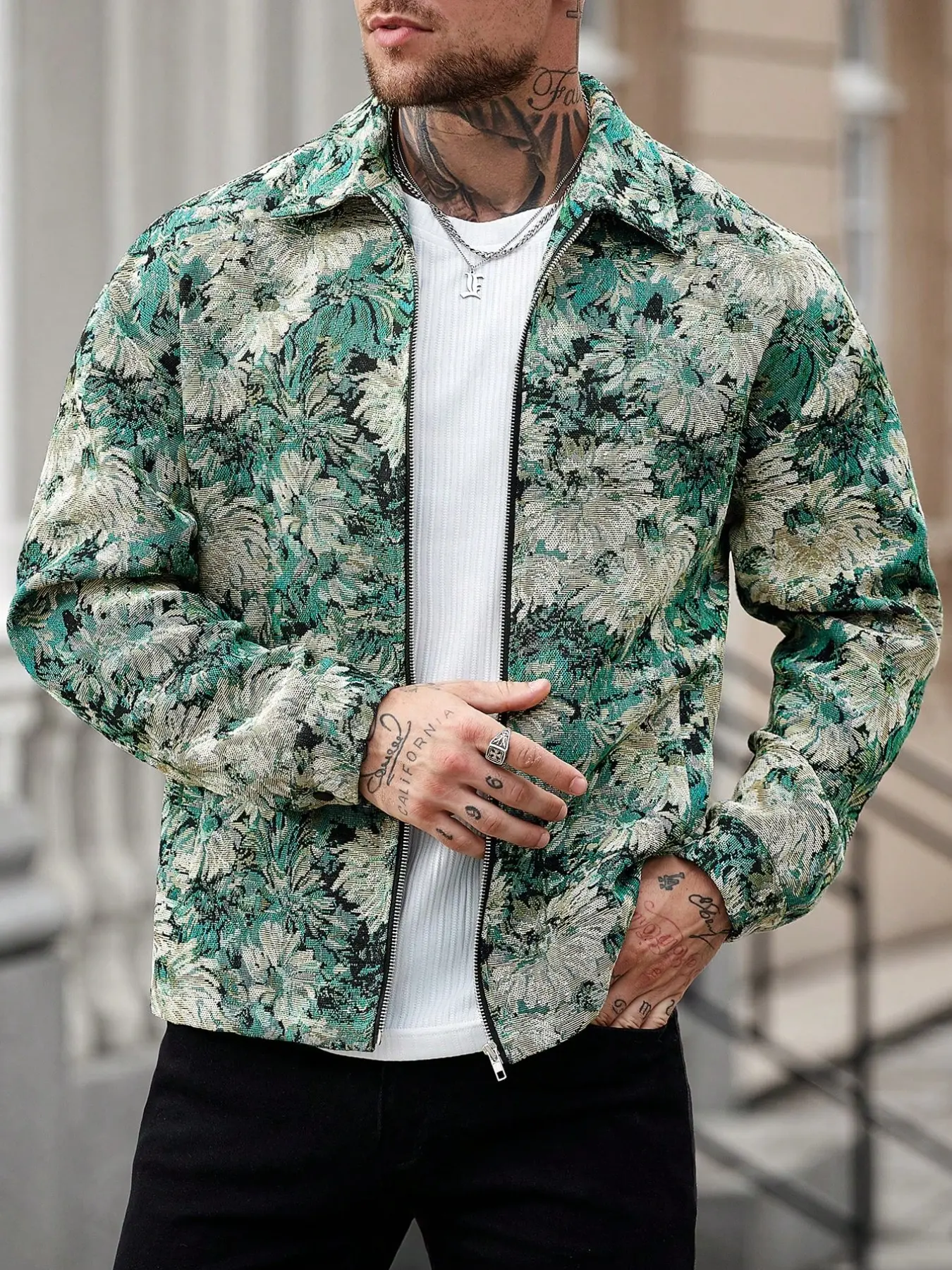 Men's Vintage Oil Painting Floral Jacquard Jacket, Spring Fall Collar Zipper Short Coat, American Street Style Casual Top