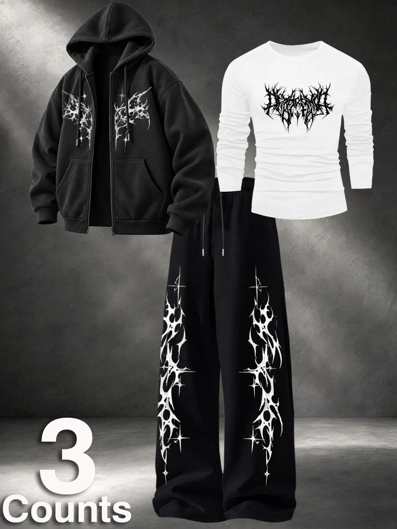 Men's 3-Piece Fashion Casual Set, Gothic Thorns Print Hooded Zip-Up Sweatshirt + Long Sleeve T-Shirt + Drawstring Wide Leg Pants, Loose Fit, Fall Winter