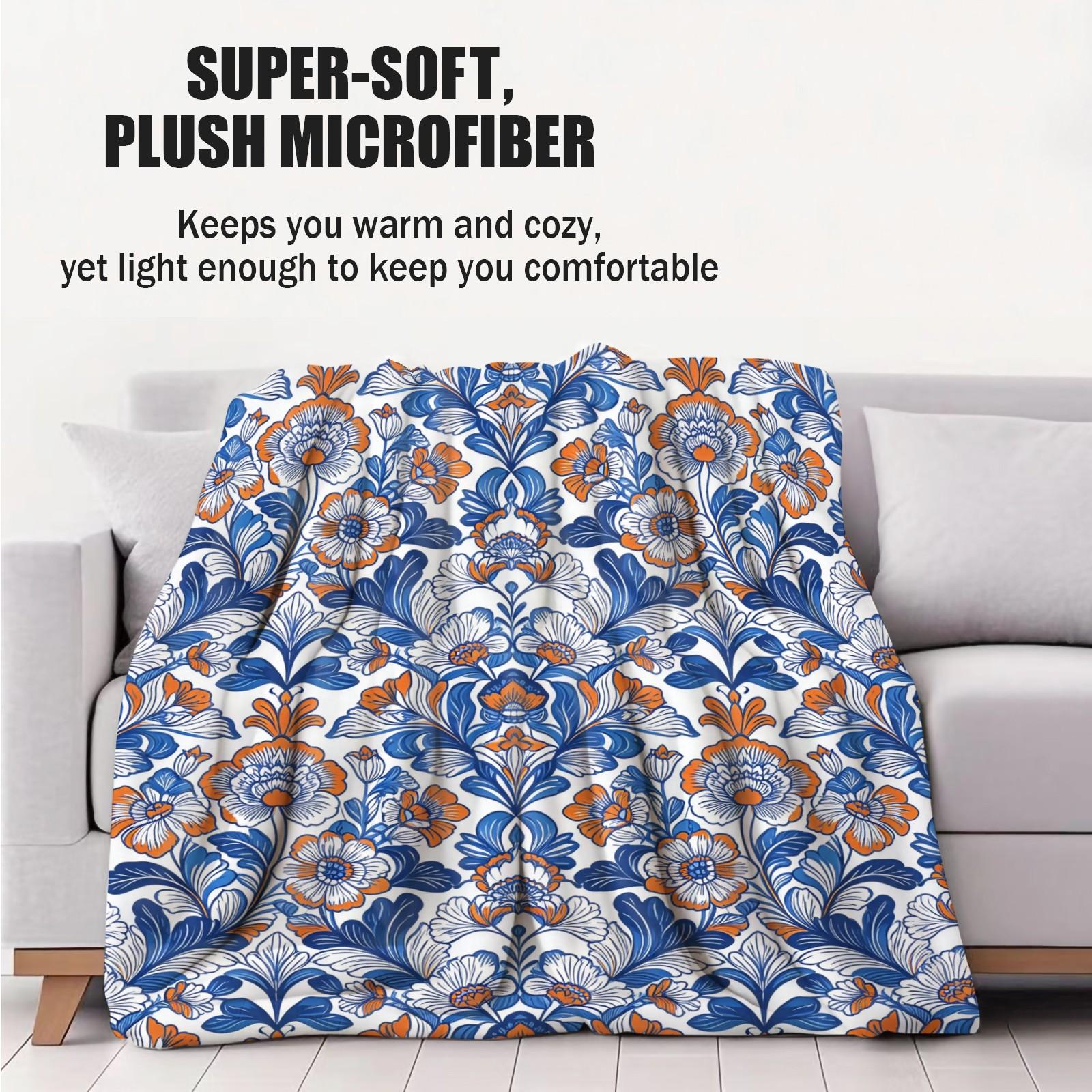 1 Piece Bohemian Blue Orange Floral Throw Blanket, HD Digital Single-Sided Printed Flannel Blanket, Super Soft Cozy Plush Gift Blanket for Sofa, Bed, Travel and Camping Decor