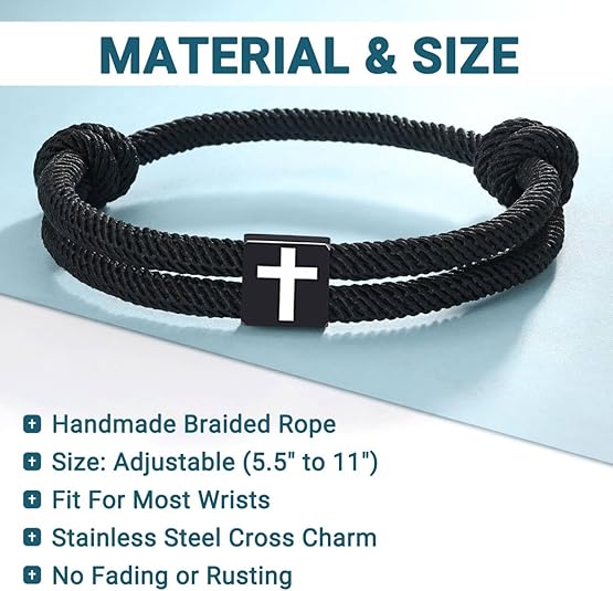 2pcs Adjustable Rope Cross Bracelet Braided Christian Bracelet for Men Women Teen Girls Fashion Jesus Bracelets Christian Baptism Gift