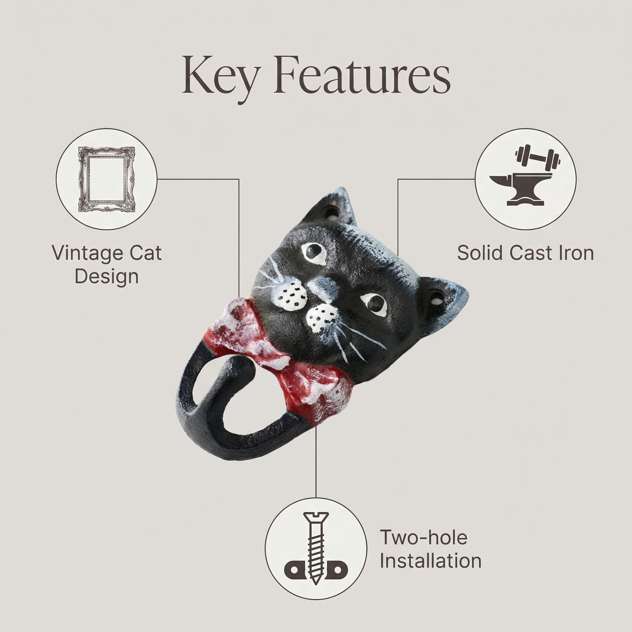 Vintage Cast Iron Cat Hook, Entryway Key Holder, Cute Bow Tie Cat Decorative Coat Hanger, Pet Leash Hanging Hook