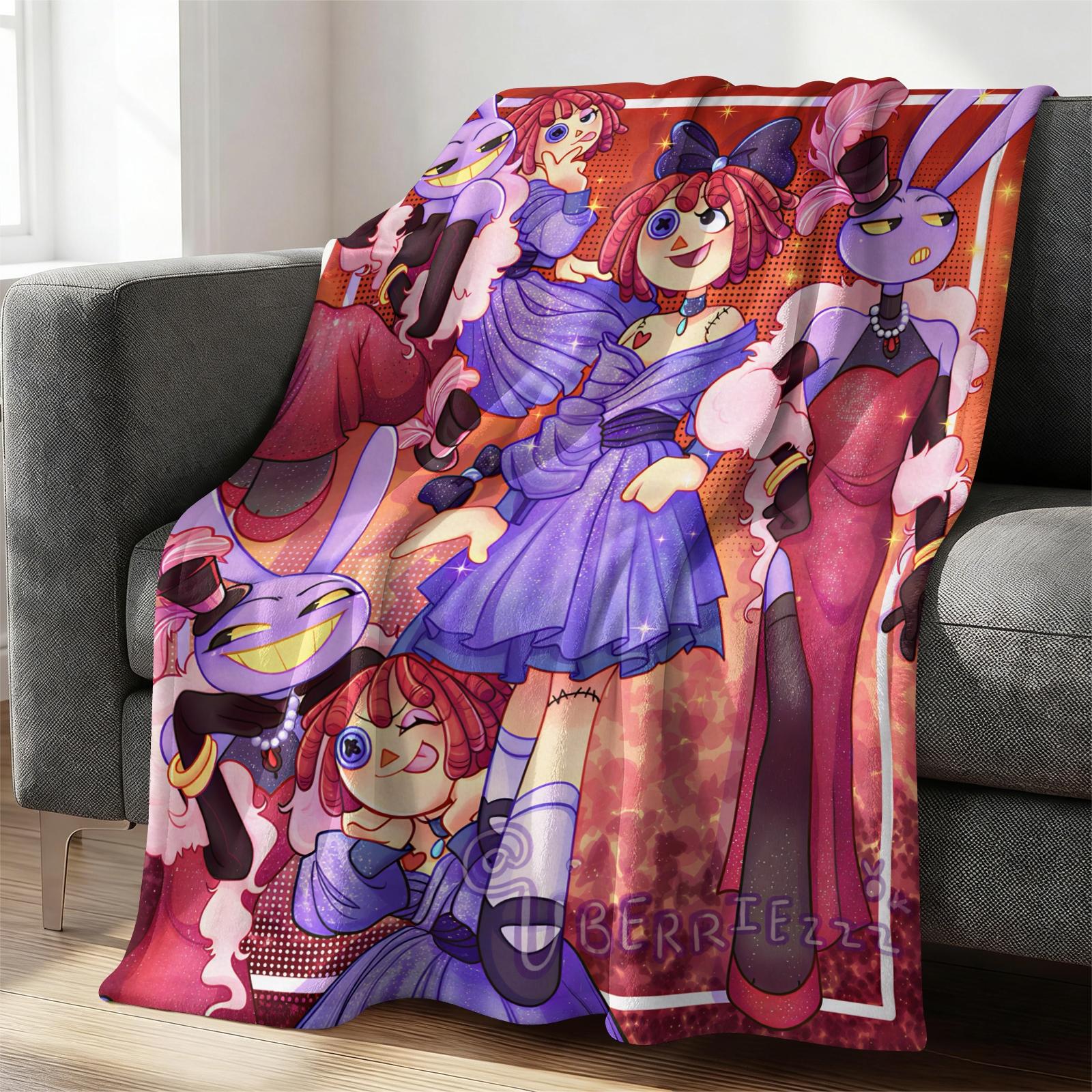 Trendy Digital Circus All-Character Print Blanket, Cartoon Anime Peripheral Flannel Nap Blanket, Warm Sofa Cover Blanket for Home & Student Dorm, Flannel Cozy Blanket