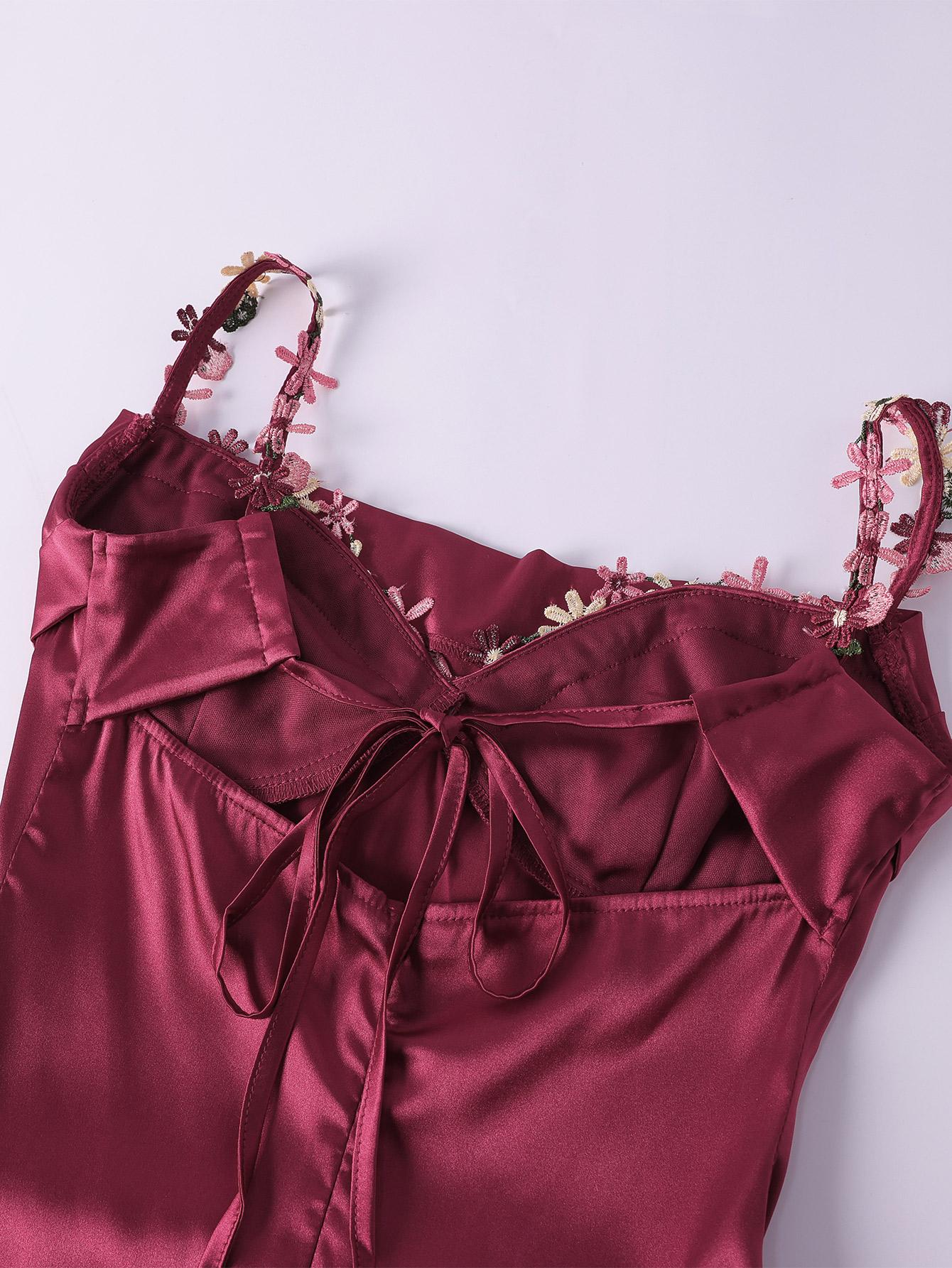 Parthea Backless Floral Embroidery Appliques Satin Ruched  Cami Long Dress,Women Formal & Evening Cocktail Dress