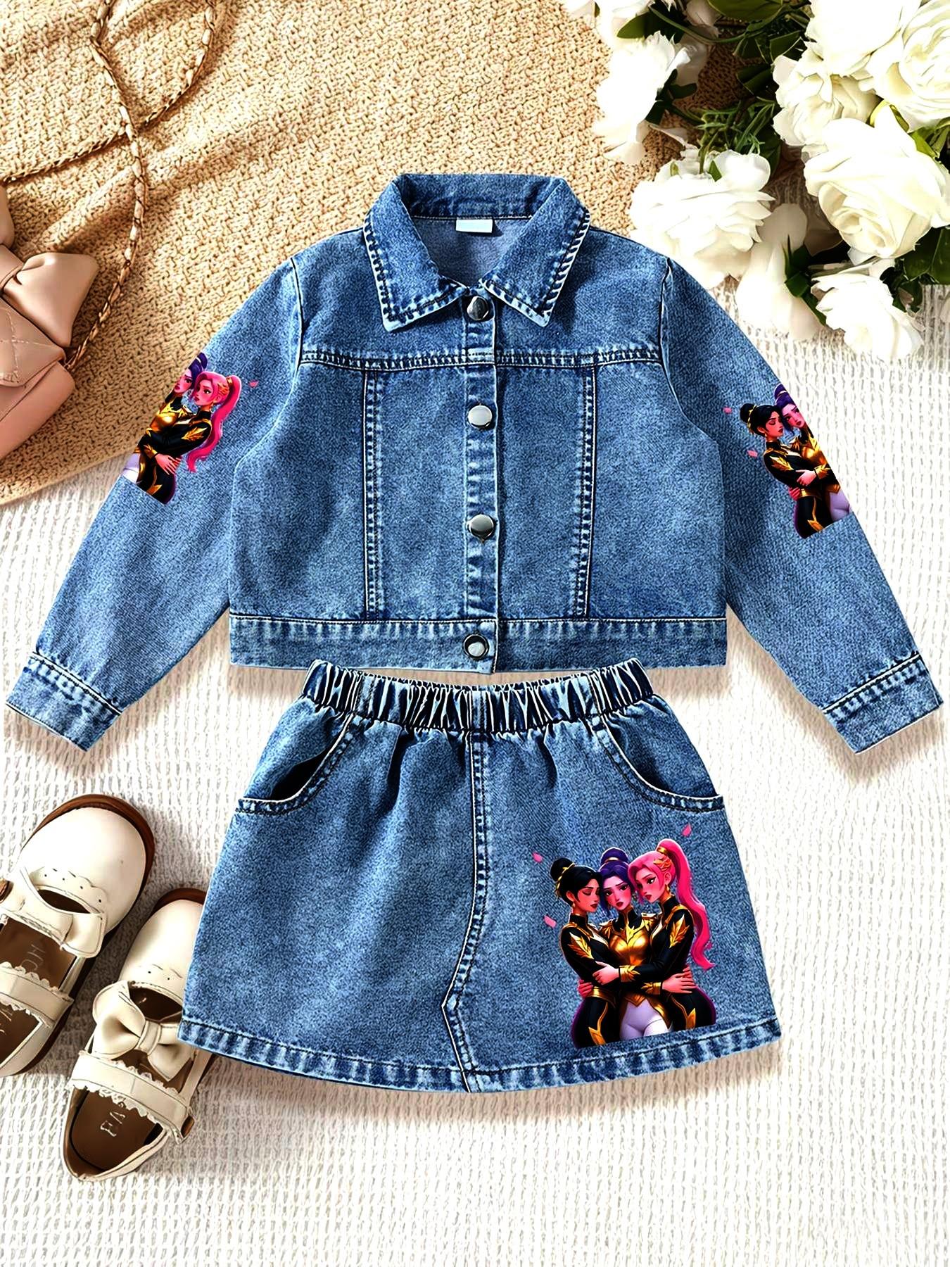 Girls' Cartoon Print Denim Jacket & Short Skirt Suits Set, Casual Fitted Design, Perfect for Spring & Fall, Ages 1-8, Ideal Gift