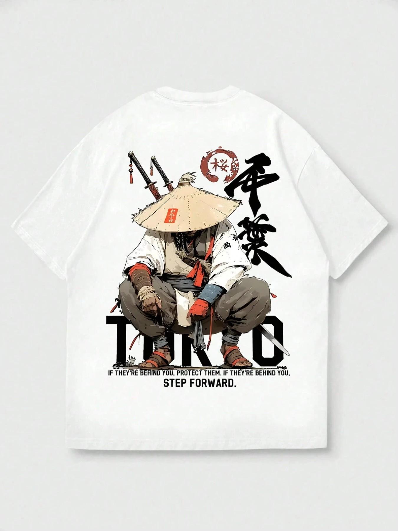 Japanese Samurai Graphic Print Oversized White T-Shirt Streetwear Y2K Retro Tokyo Samurai Graphic Tee With Inspirational Quote
