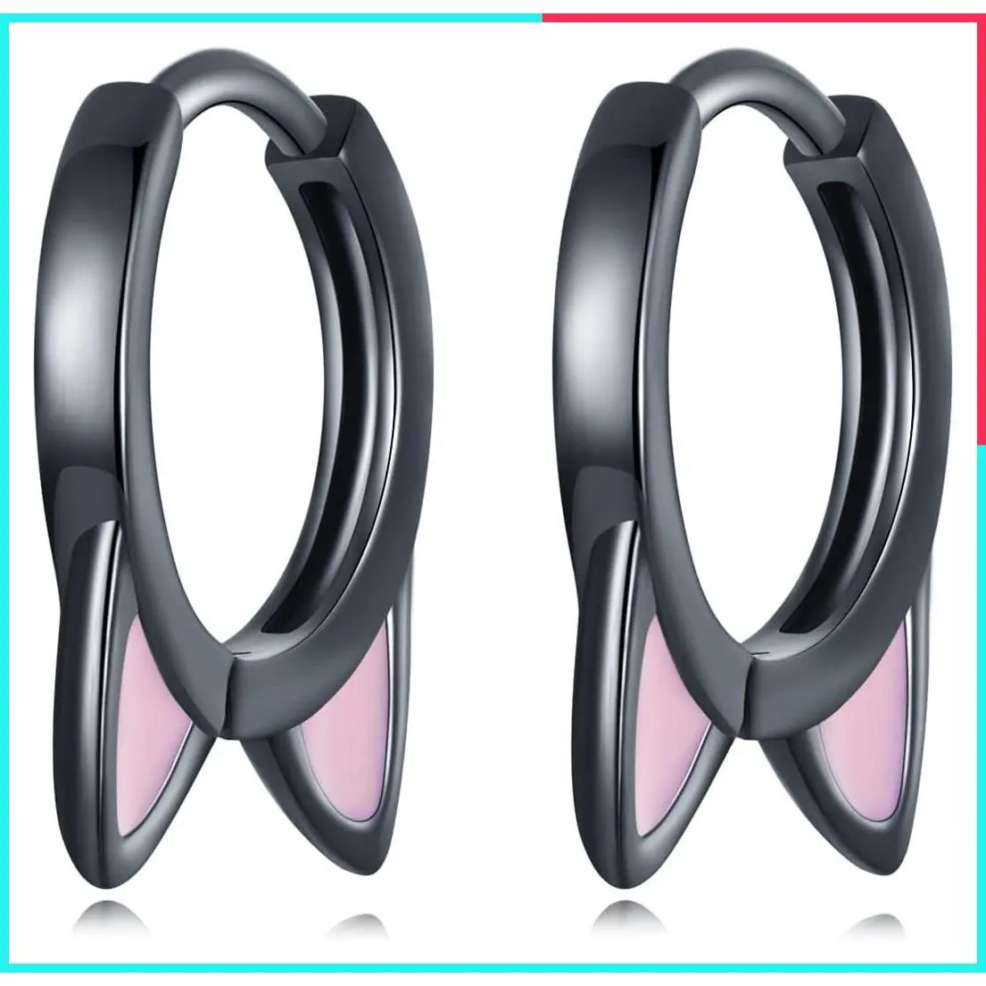 Black Cat Small Huggie Hoop Earrings Sterling Silver 925 - Cute Animal Pink Ears Cartilage Tragus Tiny Round Statement Jewelry for Women Girls