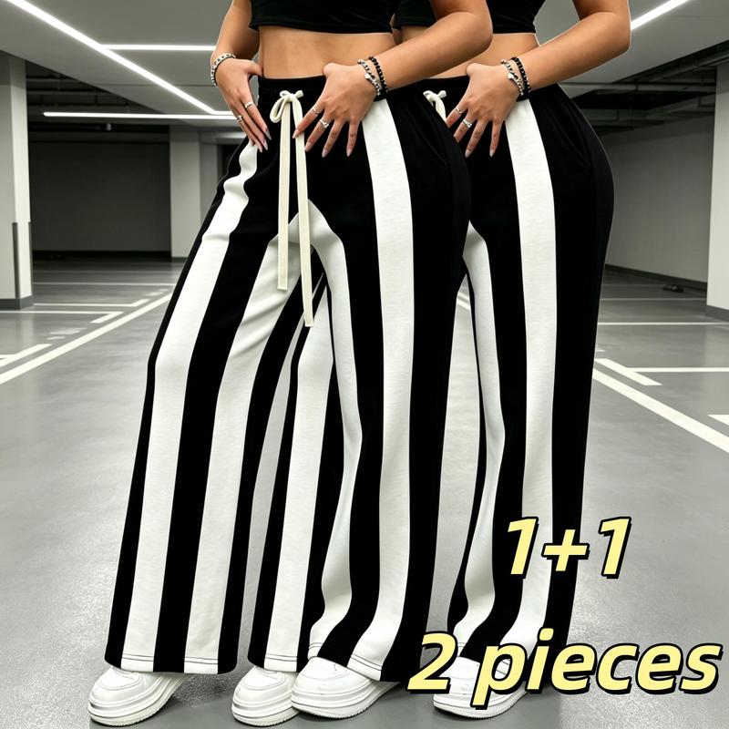 Women's 2PC Loose-Fit Fleece Joggers - Drawstring Elastic Straight-Leg Warm Knit Universal Sport Pants, Black & White Contrast Panels, Suitable for Exercise, Cold Weather City Wear